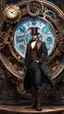 Placeholder: a time-traveling machine explorer surrounded by intricate gears, clocks, and time portals. Showcase detailed Victorian-inspired steampunk attire and emphasize the fusion of past and future elements