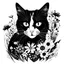 Placeholder: black and white thick art on a white background cat with flowers