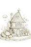 Placeholder: outline art, a miniature house crafted from seashells, positioned on a sandy beach. The roof is formed from overlapping shells, and the interior is filled with treasures from the sea, only outline, clear line art, white background, no shadows, no tones color, no detailed artwork, clear and well outlined.