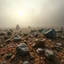 Placeholder: A striking quality close-up photograph captures a wasteland with odd stones, spooky, creepy, details of the dust very accentuated, glossy, organic, adorned with minerals and rocks, fog. Bathed in intense light, eerie, Max Ernst style, black sun, fog