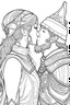 Placeholder: Fantasy coloring page, minimal detail. HD. Woman kissing a male knight with a beard. No background detail.