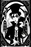 Placeholder: goth male necromancer with black hair and rats in the style of Aubrey Beardsley