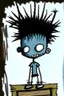 Placeholder: 2d drawing of a stickman, cool with punk hair, x eyes like in hangman, driving a porch, 3d realistic in colour