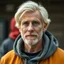 Placeholder: cool blonde hair blonde eyes guy 55 years old rodfessor yound in a hoody talking about philiophy ton his friends, avatar style life realism