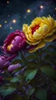 Placeholder: Yellow red purple peony flowers, green leaves, HD, small aperture, large depth of field, starry sky background