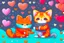 Placeholder: a fluffy orange kitten makes friends with a cute gray mouse on Valentine's day, happy vibe studio lighting fantastic view colourful very cute Lisa Frank richard scarry