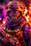 Placeholder: an epic 12k,ultra high definition , digital photo of a scary looking alien, purple colored alien, angy and rising from the ashes, a war veteran, army beret , captain rank, ripped and torn ammo clothing, chaotic fiery and dust background, dramatic close-up action shot of him behind the machine hand gun on the burned out war tanker,gothic and sinister