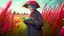 Placeholder: An elderly peasant woman, seen in full body, wearing clothing appropriate to her work, is reading a letter outdoors. She is standing and holding a red umbrella, and is in a field of grass and flowers with many trees in the background.