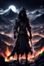 Placeholder: 3d anime warrior in dark hood , detailed, sharp focus, dark colors, pale lights,mountain, crepy, dark fantasy in background fire city, professional anime art