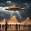 Placeholder: Hyper Realistic UFO aliens vs pharaoh army outside Pyramids with thunderstorm at dark rainy night