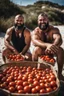 Placeholder: close up shot photography of two tired chubby muscular beefy hairy burly 39 years old ugly turkish carpenters, short beard, shaved hair, shirtless, manly chest, bulging white shorts, tired eyes, walking on the beach in the sun holding tomatoes baskets, big shoulders, side light, sweat and wet, ground view angle