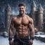 Placeholder: Hyper realistic Extremely Handsome shirtless muscular king smiling & Standing outside huge castle at dark & heavy snowfall night