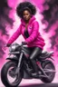 Placeholder: Create a digital airbrush illustrations of a black full figure black female riding a sports motorcycle. She is wearing hot pink hoodie and black tights with biker boots. Prominent make up with log lashes and hazel eyes. Extremely highly detailed black shiny wavy hair up in a messy bun. Background of smoke surrounding her and the bike and she's is at a bike show.