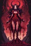 Placeholder: Demon girl wizard in front, fullbody, behind blood guts rising from the ground, darkred tones,cosmic horror, nightmare, galaxy, 8bits, pixel art,
