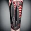 Placeholder: forearm tattoo, NYC Twin Towers with text "FDNY" and "9-11", American flag motif, stylish modern tattoo art, dynamic composition, complex contrast, cgsociety, sfumato