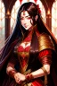 Placeholder: woman with long brown hair and red eyes, medieval concubine, anime style, highly detailed, intricate background, red and black clothes, confident, arrogant