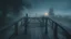 Placeholder: walking straight ahead over a wooden bridge, holding the angel of death with your right hand, entering the fog at the end of the road that leads to the afterlife, and a beautiful sunset and galaxy's behind the fog, realistic