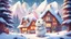 Placeholder: A beautiful white rabbit is smiling in a snowy forest and beautiful houses with mountains and falling snow look enchanting with their many colors. Cartoon style