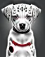 Placeholder: photorealistic dalmatian puppy, tilting head, sitting on kitchen floor, red collar, black paw prints on floor