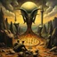 Placeholder: Surreal biomechanical landscape seance ritual painting by H.R. Giger similar to the art in the Necronomicon, Der Meister und Margarita, fantastical, Alien aesthetic