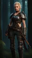 Placeholder: photorealistic hyperdetailed portait of an 18-year-old female as mercenary with blonde undercut hair with braids, wearing light armour dark fantasy forest backdrop