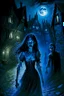 Placeholder: a very thin male glowing blue ghost werewolf lurks through a medieval village at night, looming over a girl with dark hair and pale skin. The girl is wearing goth make-up and is dressed in dark fairy clothing.