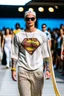 Placeholder: A guy on a fashion runway with Kryptonian Superman street wear all embroidery Clothes in neutral colors