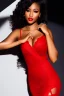 Placeholder: very beautifull black curvy woman, sexy red lace mini dress with make up,dynamic ligth,bright background ,blue backlight