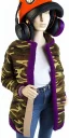 Placeholder: Brunette she. average body type. Mantle is sewed of recycled Denim and sewed together of camouflage pieces. Camouflage colors are orange,terracotta, cream and purple. It is with big bright purple felt tippet and cream-colored-hood. mantle is merged with satchel. . AKG-style headphones (gold rings!) is merged with small felt cap with small visor. Style: Haute Couture in 1936, Paris fashion in 2023, inspired by street art. Cream latex gaiter. Her head and rest body!