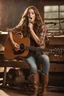 Placeholder: idealized female model country music singer leaning forward while holding microphone in one hand, other hand brought up to side of neck, change clothing to plaid in natural tones, leather bracelets on wrists, long hair, mouth open singing, rings on fingers, eyes closed