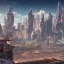 Placeholder: Spaceport on a heavy industrialized planet with a vibrant city in the background and a starting spaceship in the foreground, art by John Berkey, buildings with glass facades, insanely detailed, vibrant, 8k uhd, cinematic atmosphere, ultra-wide angle, street level view, brush strokes, blue sky with clouds, sharp focus