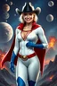 Placeholder: Karen Starr, full body, young athletic white female, crew cut bleach-blonde hair, blue eyes, black cowboy hat, round face, semi-pointed chin, muscular build. Wearing white long-sleeved bodysuit with high collar with plunging neckline, blue elbow gloves, red belt with gold buckle, red cape, blue knee boots. Big smile. Background: outer space, planets, stars, galaxies, fire, explosions, volcanic lava, craggy peaks. Photorealistic