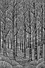 Placeholder: Forest at night linocut, black and white, in the style of van gogh