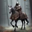 Placeholder: hooded knight on a black horse in the forest