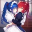 Placeholder: Clear Focus, High resolution, wearing a maid uniform, fluffy hair and a long ponytail, blue hair, cat ears, meowing, hugging another girl with red long fluffy hair also wearing a maid outfit, looking at you