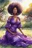 Placeholder: Afrofuturism watercolor image of a black female cartoon of a curvaceous woman with flowing of tight curly afro of black hair that's highly detailed, wearing a purple maxi dress. She sits relaxed on the grass facing the warm sunlight, which illuminates her face as she looks to the side with a small smile, accentuating her prominent makeup, lush lashes and brown eyes. with green and hot pink roses all around