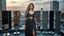 Placeholder: very beautiful model lady with makeup and beautiful modern fashion midi pleated velvet dark silver lace skirt with lace edges and modern loose lace top with a loose over, curvy silver long hair, standing in a modern city open satge with 8 cubic mirrors(each with 4 equal hight and equal width, vertical mirror), each vertical on its own short rotating base. with some small lights on crystal frames, on roof of a skyscraper with city escape at background, with animating dynamic lights with high
