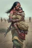 Placeholder: an indian warrior mother in war field carrying her baby on her back