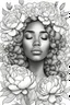 Placeholder: young Black woman, coloring page of big beautiful bouquet of peonies all around her face, her eyes are closed and dreaming peacefully, only her face shows, her face fully covered by the bouquet of peonies, use black outline with a white background, clear outline, no shadows