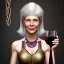 Placeholder: elder xena, 60 years old white hair drinking a glass of red wine