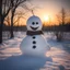 Placeholder: a villanous horror snowman, eerie sunset background, soft sunlight,