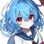 Placeholder: Clear focus, High resolution, rough line sketch art, cute, cartoon, medium blue hair, hair between eyes, fluffy hair, red eyes, wearing a sailor uniform
