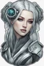 Placeholder: a sticker with a drawing of a woman's face, cyberpunk art inspired by Marco Mazzoni, Artstation, fantasy art, fantasy sticker illustration, intricate digital artwork, cyborg - girl with silver hair