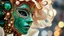 Placeholder: Beautiful faced italiwoman portrait adorned with baroque palimpsest carnival of venice style costume and masque ribbed with green obsidian, blue onix, light beige egg shell colour and Golden bioluminescense baroque palimpsest mineral stones and malachite stone masque and costume white Gloss glittering Golden and white and malachite green makeup on baroque palimpsest organic bio spinal ribbed detail. Of carnival of venice bokeh background with lights extremely detailed hyperrealistic maximálist