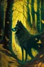 Placeholder: In the heart of a dense and enigmatic forest with towering ancient trees cloaked in emerald, yellow and amber foliage stood a witch possessing an ethereal allure her lustrous hair cascading in ebony waves down to her slender waist In the background a majestic canine of Belgian shepherd lineage roamed its eyes illuminated by an otherworldly crimson