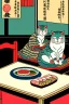 Placeholder: ukiyo-e style painting of two cats , sitting at a table, eating sushi