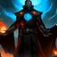 Placeholder: A commander in matte black robes with flaming eyes with Evil smile with flaming light blue pupils stands atop a squire Two infinity gauntlets contain six infinity stones, one of which is made with nano In the hands of a powerful man walking While standing on a majestic height from afar