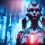 Placeholder: 8k photo realistic cinematic portrait of NextGen cyberpunk robot close view glowing background signing namaskar photo shot