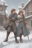 Placeholder: DnD style, two medieval peasant kids playing in the snow male and female, age 14 and 15, happy and playful, he has a short sword