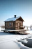 Placeholder: "Generate an image of a warming hut situated on 14'-0" (4.26m) Long x 7'-0" (2.13m) Wide skids in Winnipeg, Canada. The scene should reflect a snowy and icy environment, with the hut surrounded by wintry landscapes. However, for a creative twist, incorporate elements that distinctly represent Nigeria, such as indigenous patterns, colors, or cultural symbols. The image should capture the contrast between the Canadian winter setting and the Nigerian cultural influence